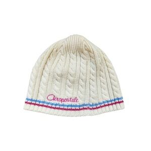 Y2K Aeropostale Knit Beanie Women's Ivory Striped Logo Embroidered Cotton Cap